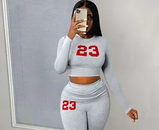 Grey Two-Piece Crop Top and Leggings Set with Red 23 Print