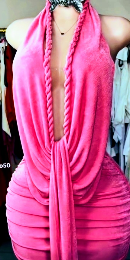 Pink Velvet Halter Dress with Deep Plunge Neckline 1