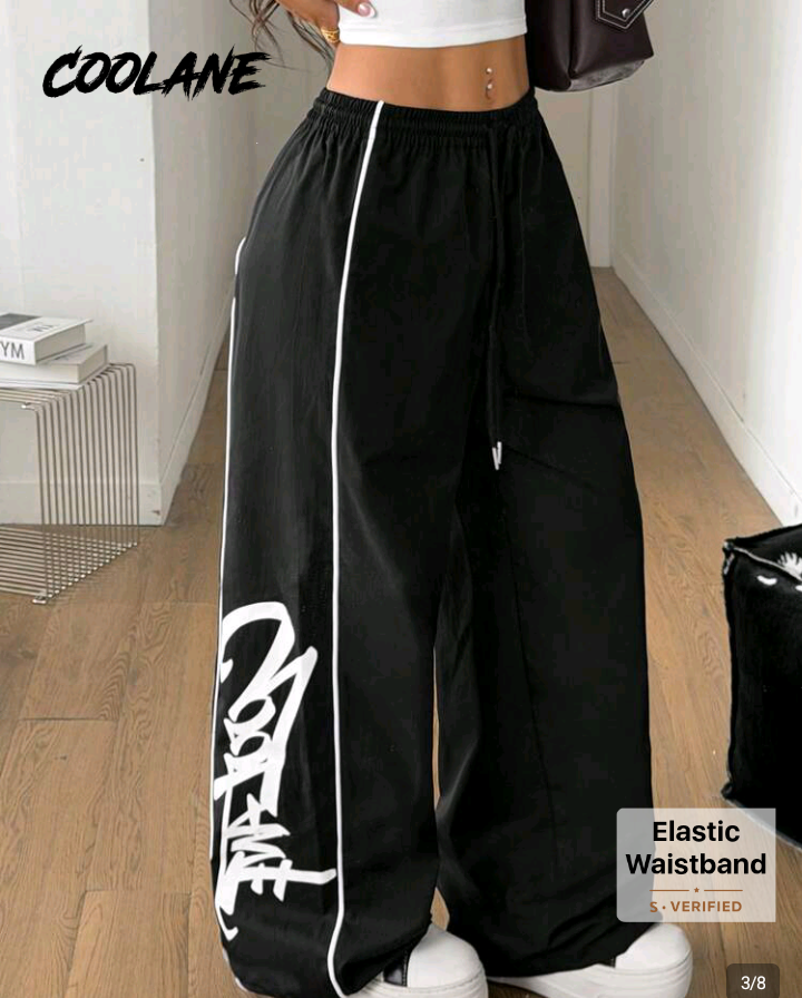 Black Wide-Leg Pants with White Stripe and Graffiti Print 1