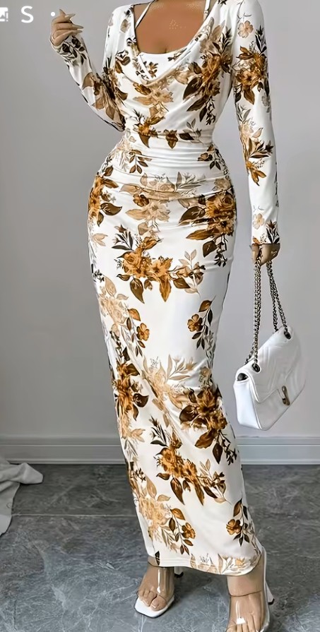 Floral Print Long Sleeve Bodycon Maxi Dress} 1