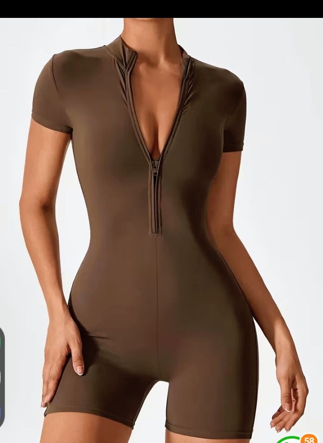 Brown Zip-Front Short Sleeve Fitted Romper 1