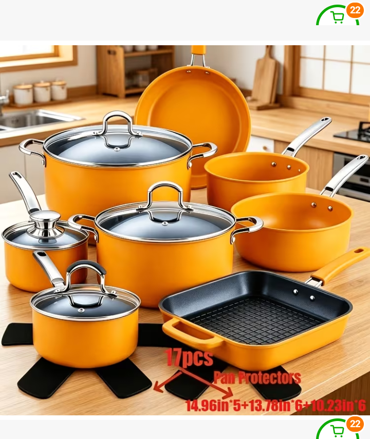 17pcs Orange Nonstick Cookware Set with Pan Protectors 1