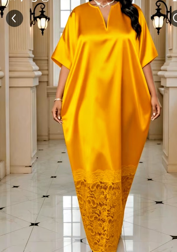 Mustard Yellow Satin Kaftan Dress with Lace Hem 1
