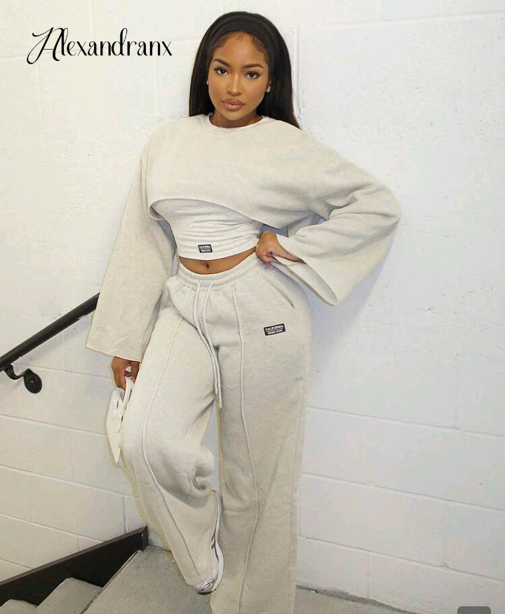 Grey Cropped Top and Wide-Leg Sweatpants Two-Piece Set