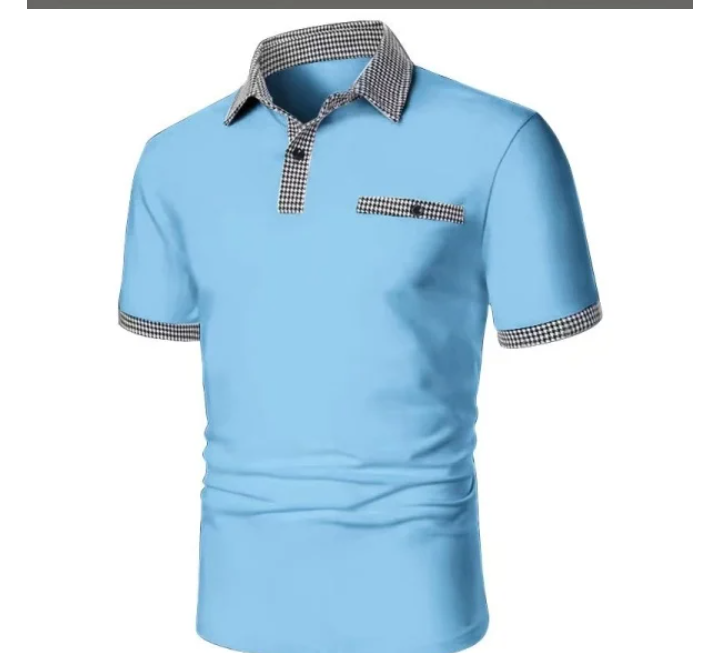 Men's Light Blue Polo Shirt with Houndstooth Trim 1