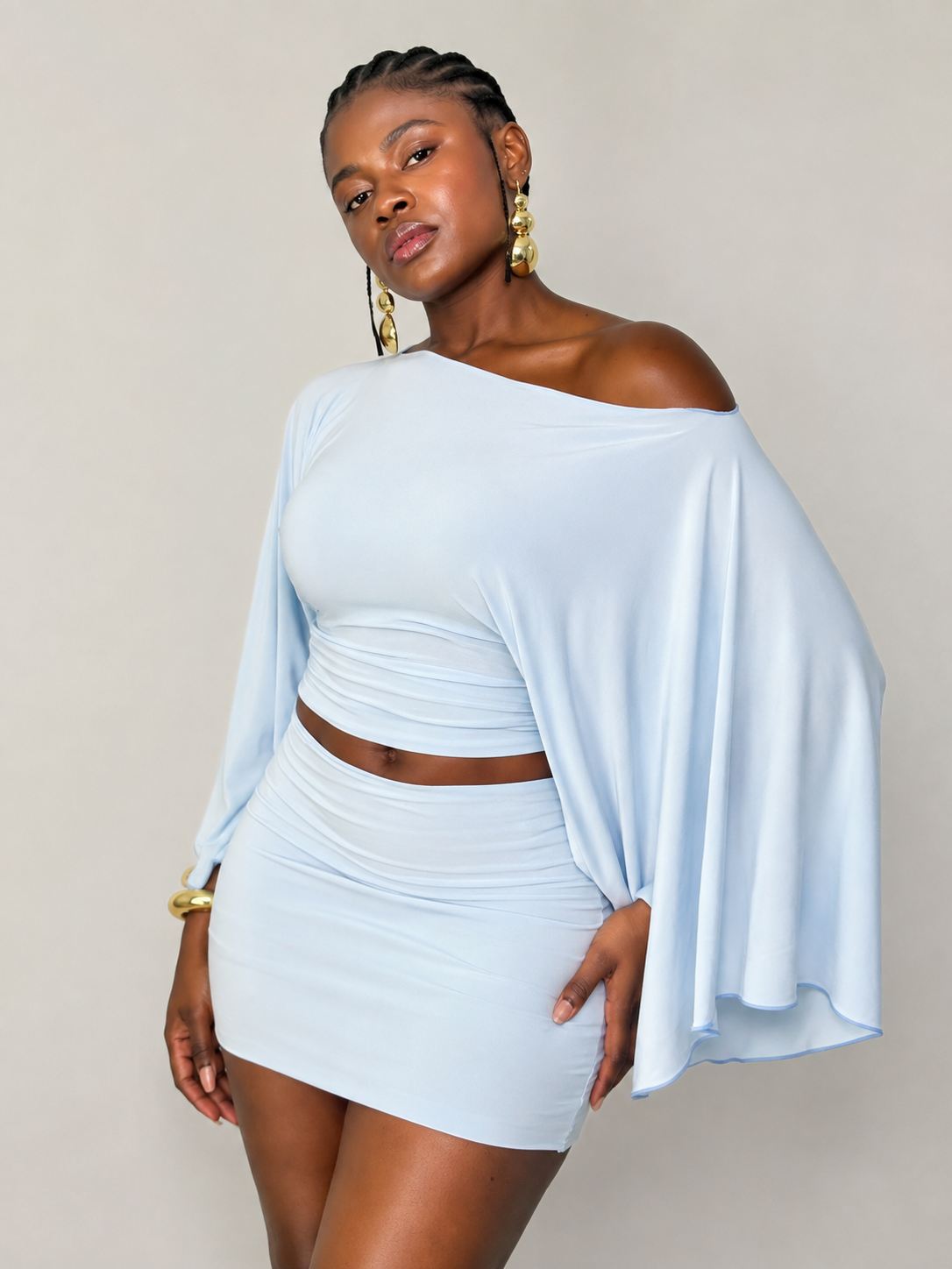 Light Blue Off-Shoulder Cape Sleeve Top and Mini Skirt Set 1