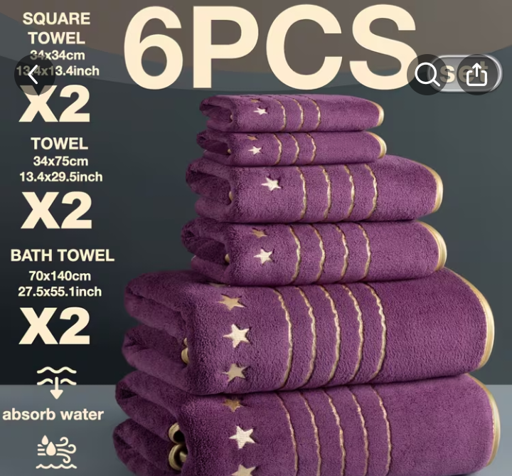 6PCS Purple Towel Set with Gold Star Embroidery 1