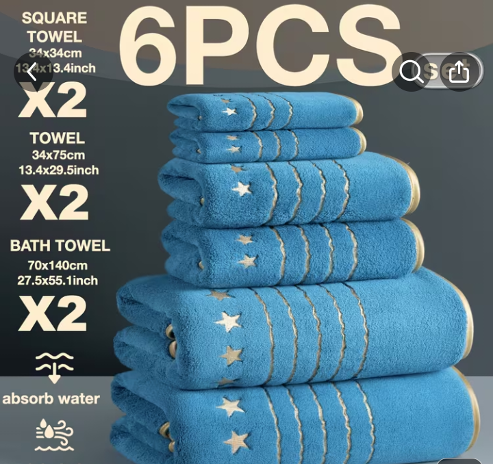 6pcs Blue Towel Set with Gold Star Embroidery - Bath & Hand Towels 1
