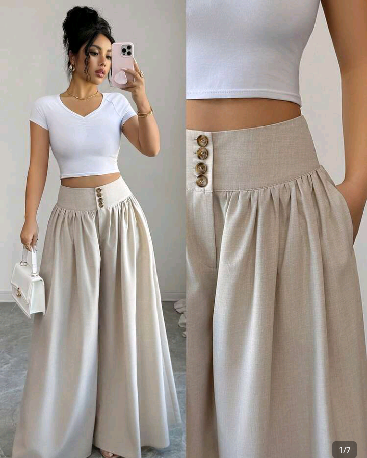 Beige High-Waisted Wide-Leg Pants with Button Detail 1