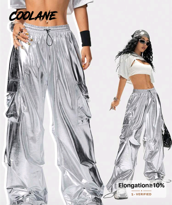 Metallic Silver Wide-Leg Cargo Pants with Drawstring Waist 1