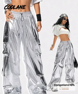 Metallic Silver Wide-Leg Cargo Pants with Drawstring Waist