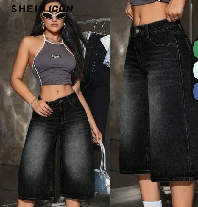 Black Wide-Leg High Waist Denim Capri Pants 1