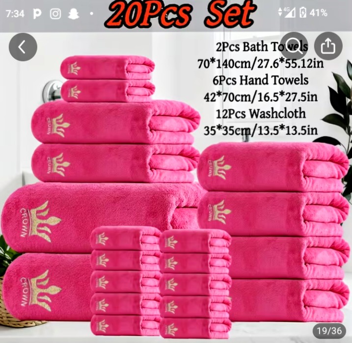 20Pcs Pink Towel Set with Crown Embroidery - Bath, Hand, Wash Towels 1