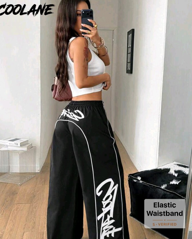 Black Wide Leg Graphic Print Pants with Elastic Waistband