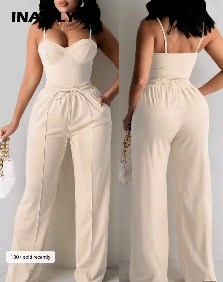 Beige Bustier Top and Wide-Leg Drawstring Pants Set 1