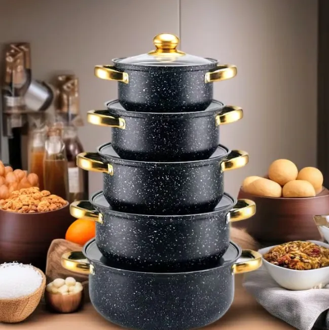 5-Piece Black Granite Cooking Pot Set with Gold Handles 1