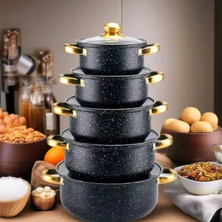 5-Piece Black Granite Cooking Pot Set with Gold Handles 1