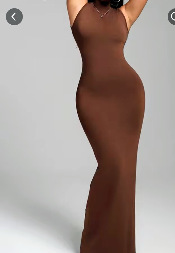 Brown Fitted Maxi Dress with Thin Straps 1