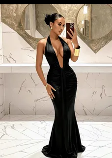 Black Halter Neck Plunging Ruched Maxi Evening Dress 1