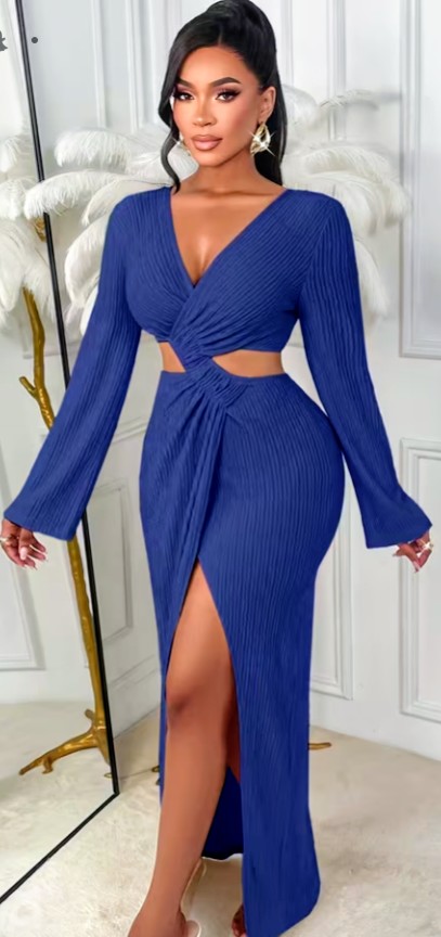 Blue Ribbed Long Sleeve Cutout Maxi Dress with Slit 1