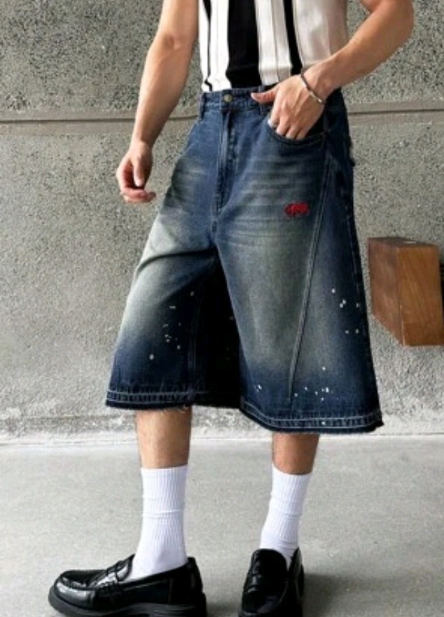 Men's Wide-Leg Distressed Denim Shorts with Paint Splatter Detail 1