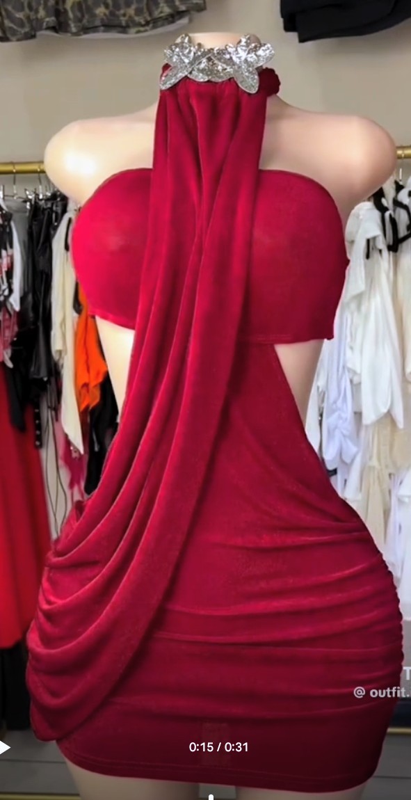 Red Halter Bodycon Mini Dress with Rhinestone Neck Detail 1