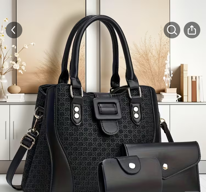 Black Textured 3-Piece Handbag Set with Wallet and Pouch 1