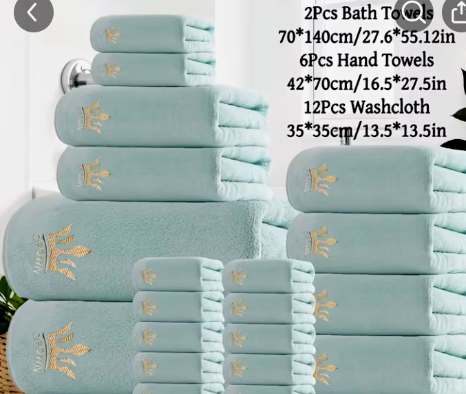 Mint Green Towel Set with Gold Crown Embroidery 1