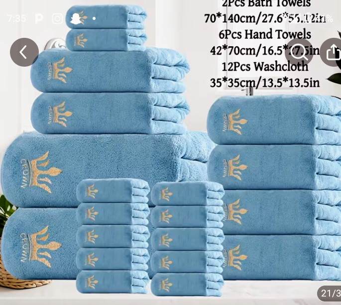 Blue Towel Set with Gold Crown Embroidery - Bath, Hand, Washcloth 1