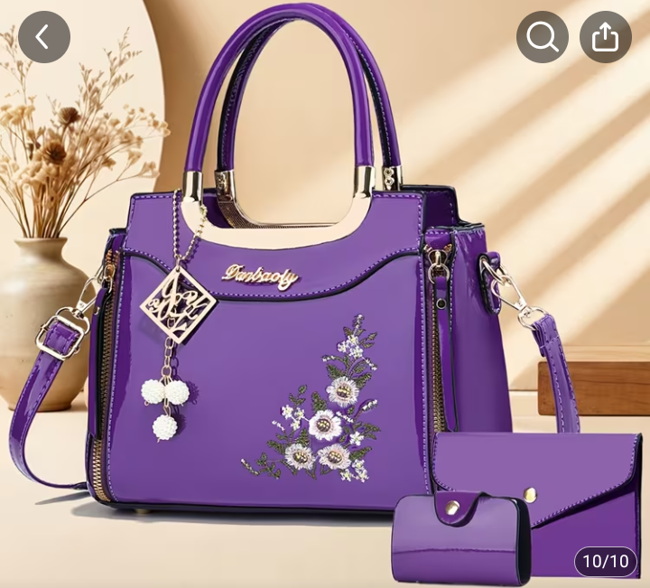 Purple Floral Embroidered Handbag with Matching Pouch Set 1