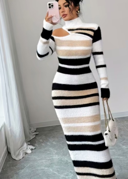 Striped Knit Long Sleeve Maxi Dress with Cutout Neckline 1
