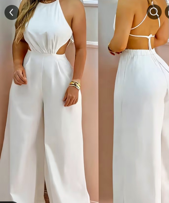 White Halter Neck Open Back Wide Leg Jumpsuit 1