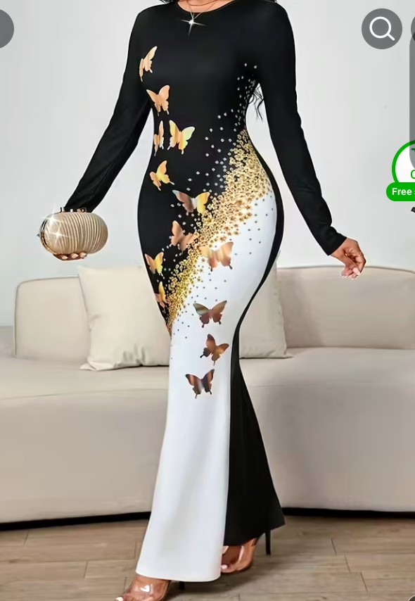 Long Sleeve Butterfly Print Maxi Dress with Rhinestone Detail 1