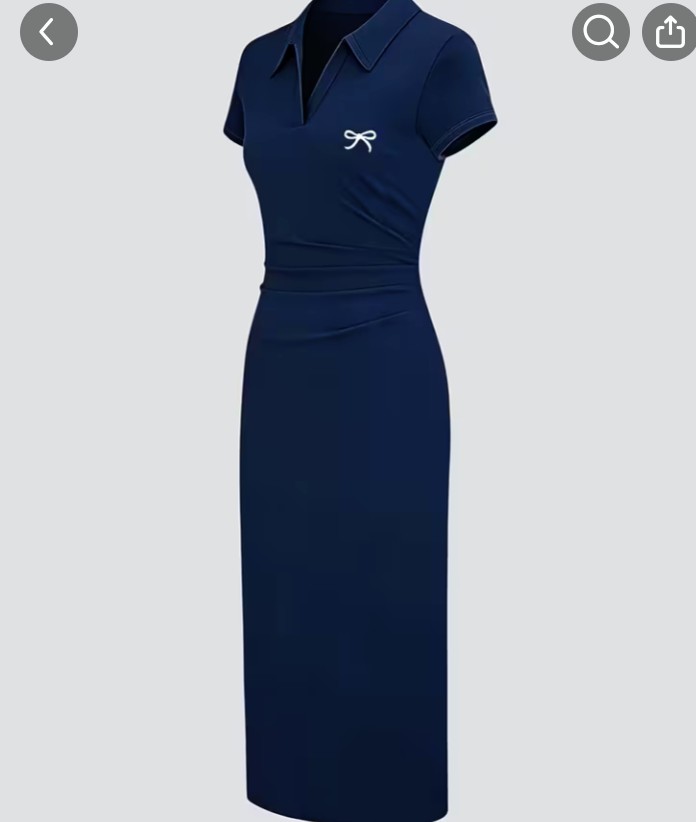 Navy Blue Collared Bodycon Dress with Bow Detail 1