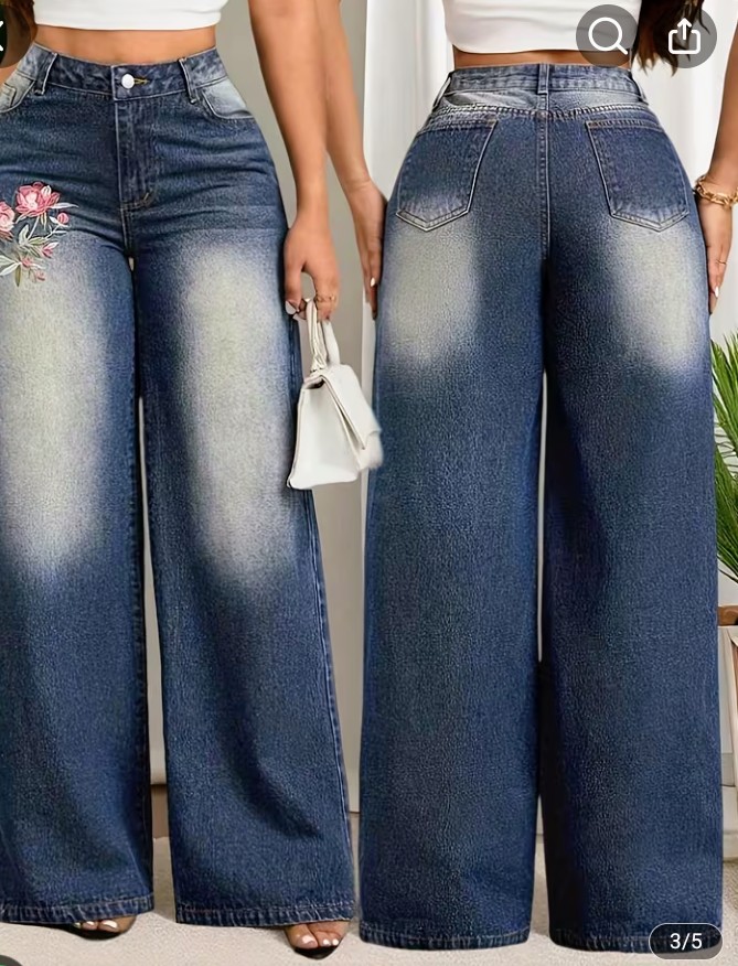 Women's Wide Leg Faded Denim Jeans with Floral Embroidery 1
