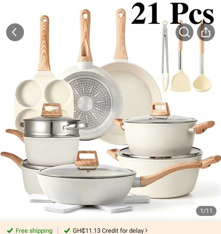 21 Pcs Nonstick Cookware Set with Wooden Style Handles 1