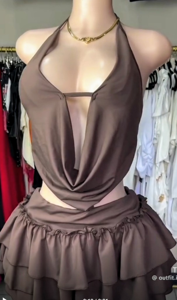 Brown Halter Cowl Neck Cut-Out Ruffled Mini Dress Set 1