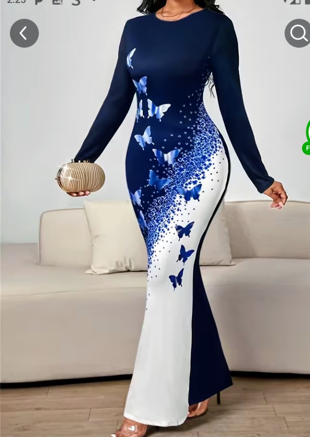 Navy & White Butterfly Print Long-Sleeve Maxi Dress 1