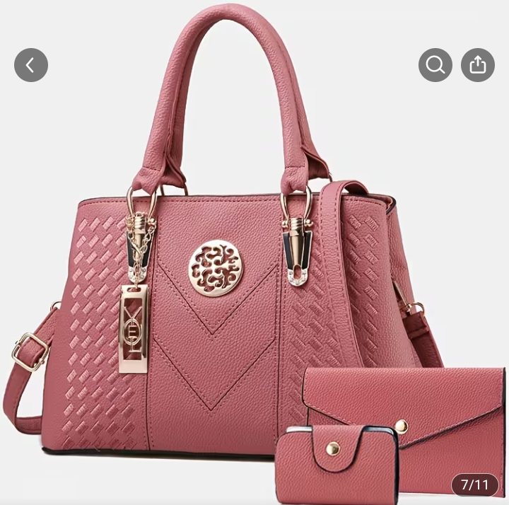 Pink 3-Piece Handbag Set with Clutch and Card Holder