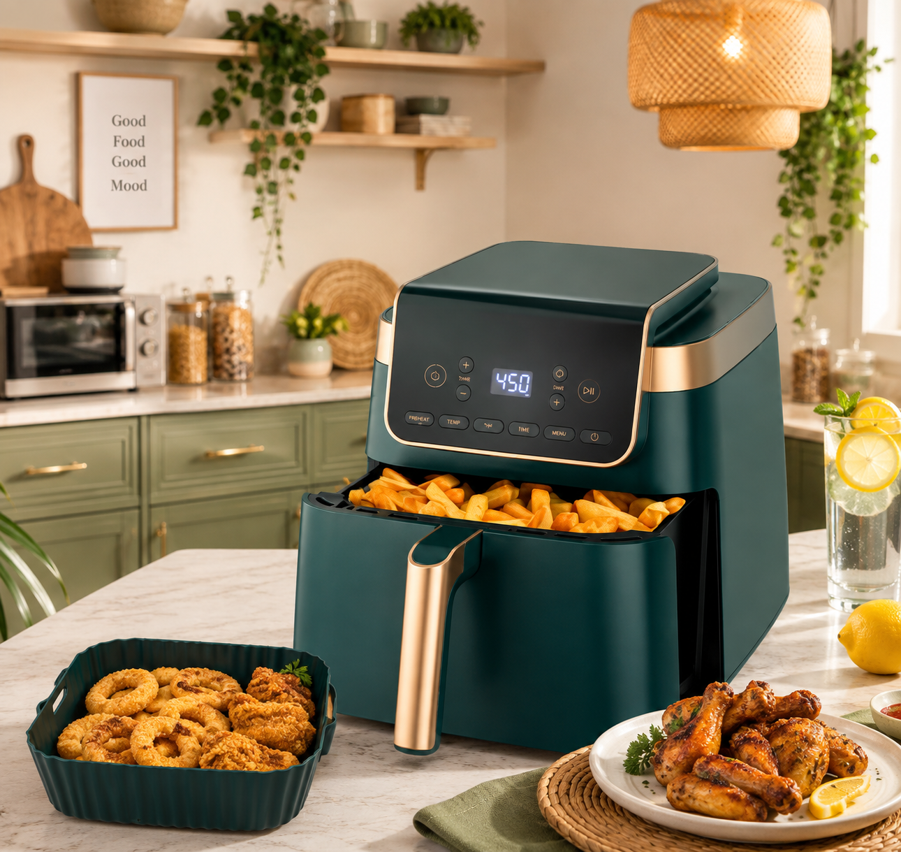 Digital Air Fryer with Gold Accents - Dark Green 1