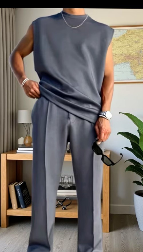Grey Sleeveless Top and Tailored Trousers Two-Piece Set 1