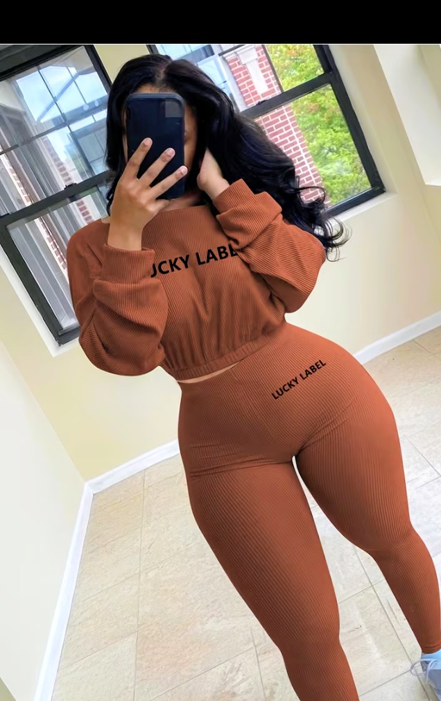 Rust Brown Ribbed Long Sleeve Crop Top and Leggings Set 1
