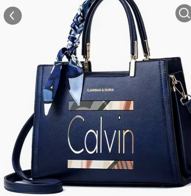 Navy Blue Handbag with Scarf Accent and Gold Hardware 1
