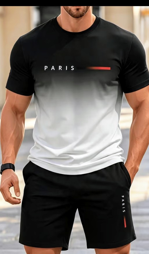 Men's Ombre PARIS Print T-Shirt and Shorts Set 1