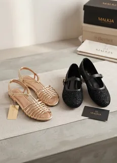 Gold Strappy Sandals and Black Sequined Mary Jane Flats Set