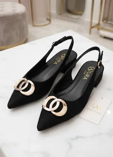 Black Slingback Flats with Gold Ring Buckle Detail