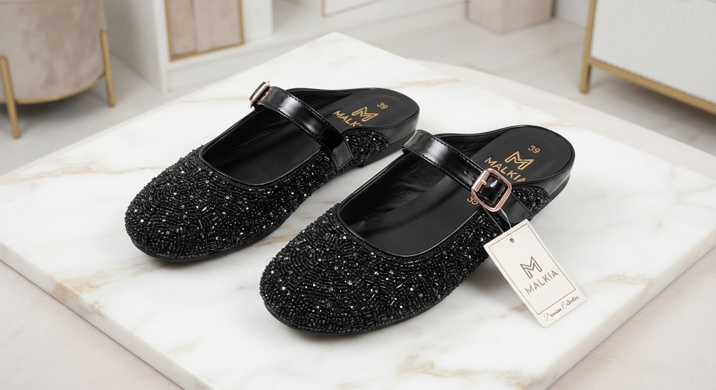 Black Beaded Mule Flats with Buckle Strap - Size 39 1