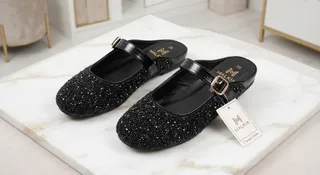 Black Beaded Mule Flats with Buckle Strap - Size 39
