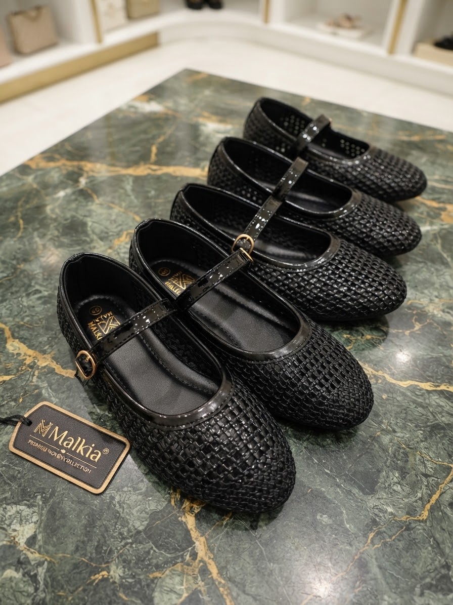 Black Woven Mary Jane Flats with Buckle Strap 1