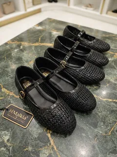 Black Woven Mary Jane Flats with Buckle Strap